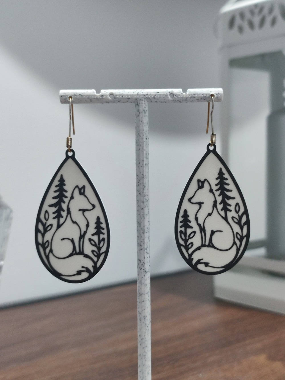 Black and White Fox Teardrop Earrings - Women's Jewelry